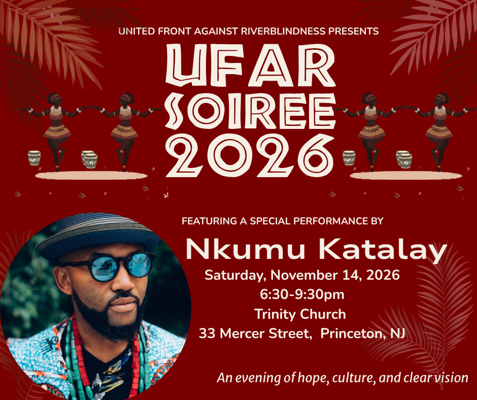 UFAR Soirée 2026 flyer featuring a special performance by Nkumu Katalay. Saturday, November 14, 2026, 6:30 to 9:30 PM, Trinity Church, 33 Mercer Street, Princeton, NJ. An evening of hope, culture, and clear vision.